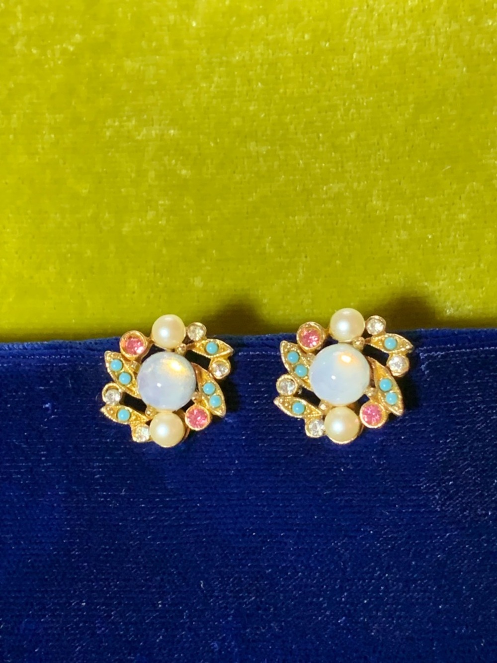 Mid Century Clip On Multi Colored Stone Earrings